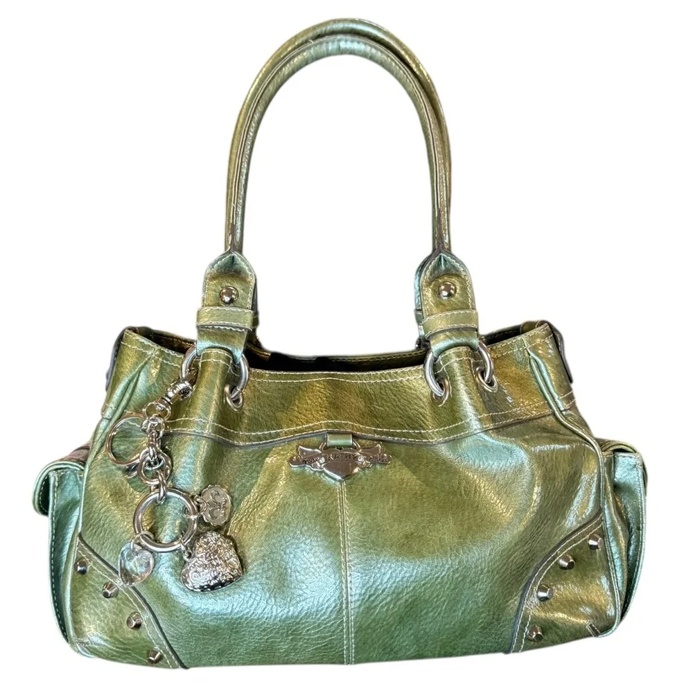 Kathy Van Zeeland Purse Metallic Green Silver Charm Satchel Bag - Picture 1 of 16